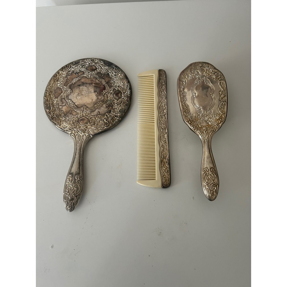 Vintage Silver Tone Ornate Repousse Vanity Set Mirror Brush Comb 3 Piece Floral